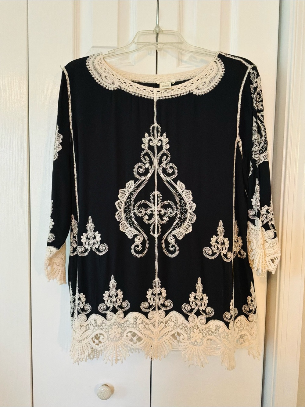 Ultra Pink Black Tunic Top Crochet Statement Lace Overlay  Embroidered Boho SZ M